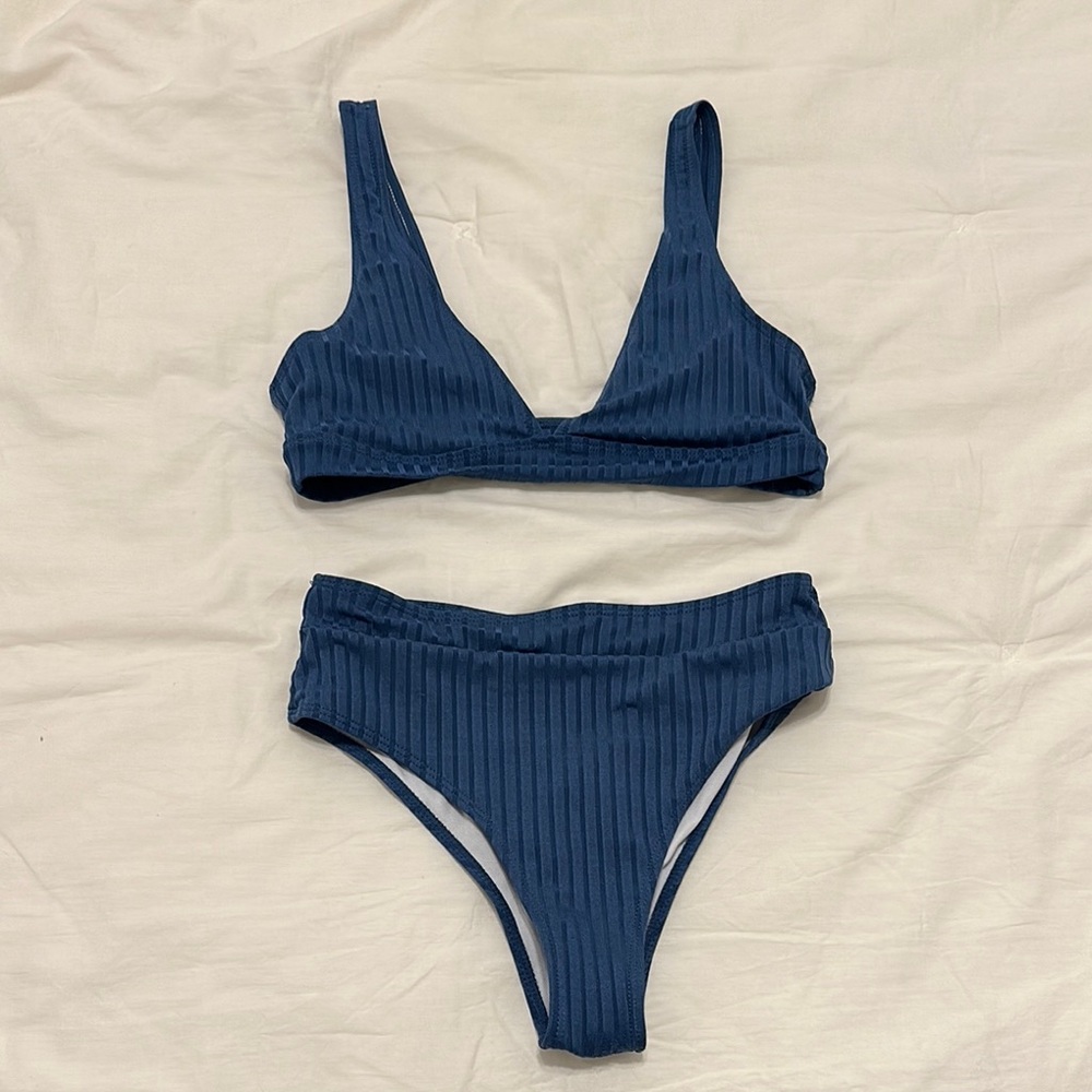 Blue Ribbed High Waisted Bikini Set